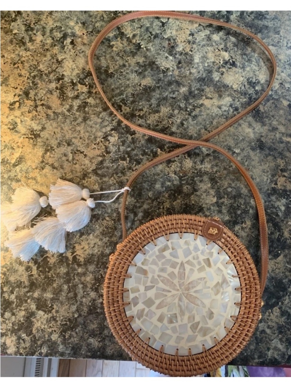 Hand Crafted Round Woven Crossbody Bag with Cream Mosaic and Tan Strap